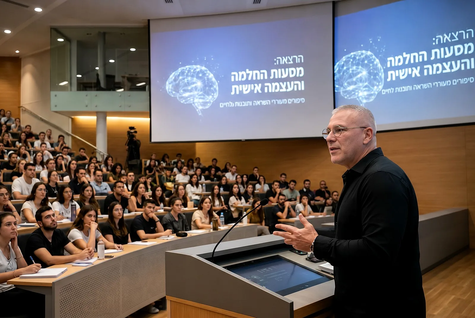 ליאור רוזנטל מרצה באולם מול קהל, על המסך כותרת ההרצאה ׳מסעות החלמה והעצמה אישית׳